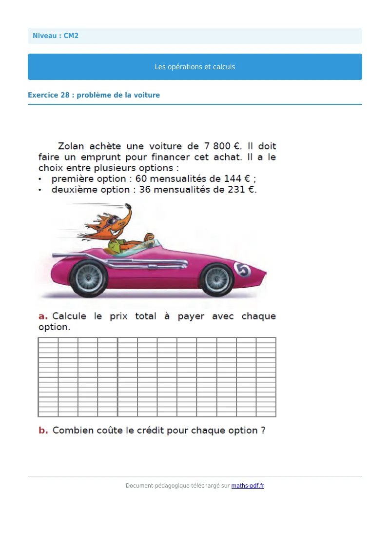 Opérations et calculs : exercice n°28 de maths en CM2 corrigé en PDF