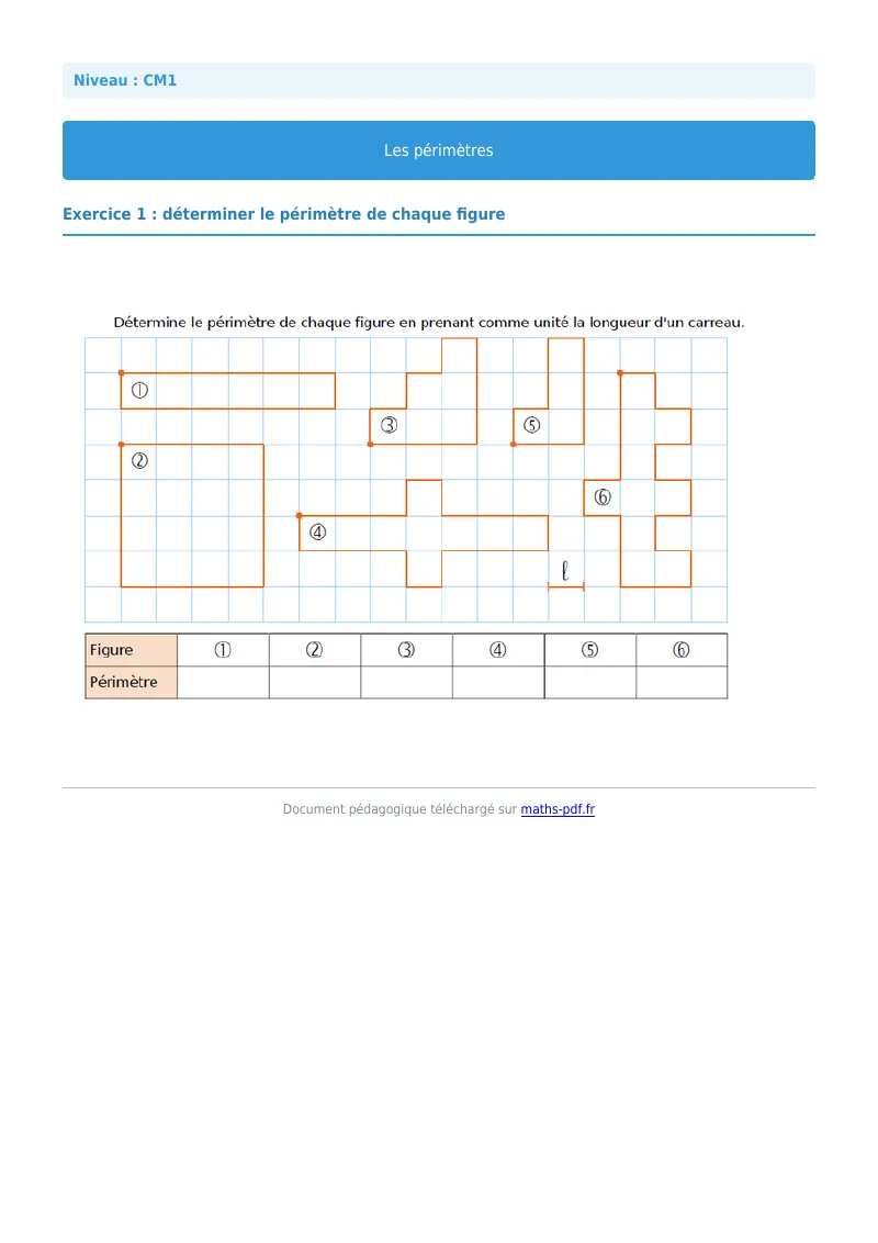 Les périmètres : exercice n°1 de maths en CM1 corrigé en PDF