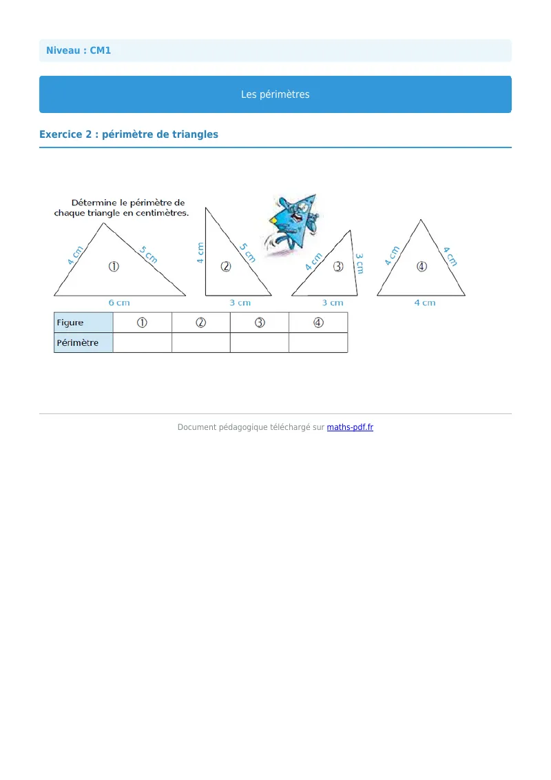 Les périmètres : exercice n°2 de maths en CM1 corrigé en PDF