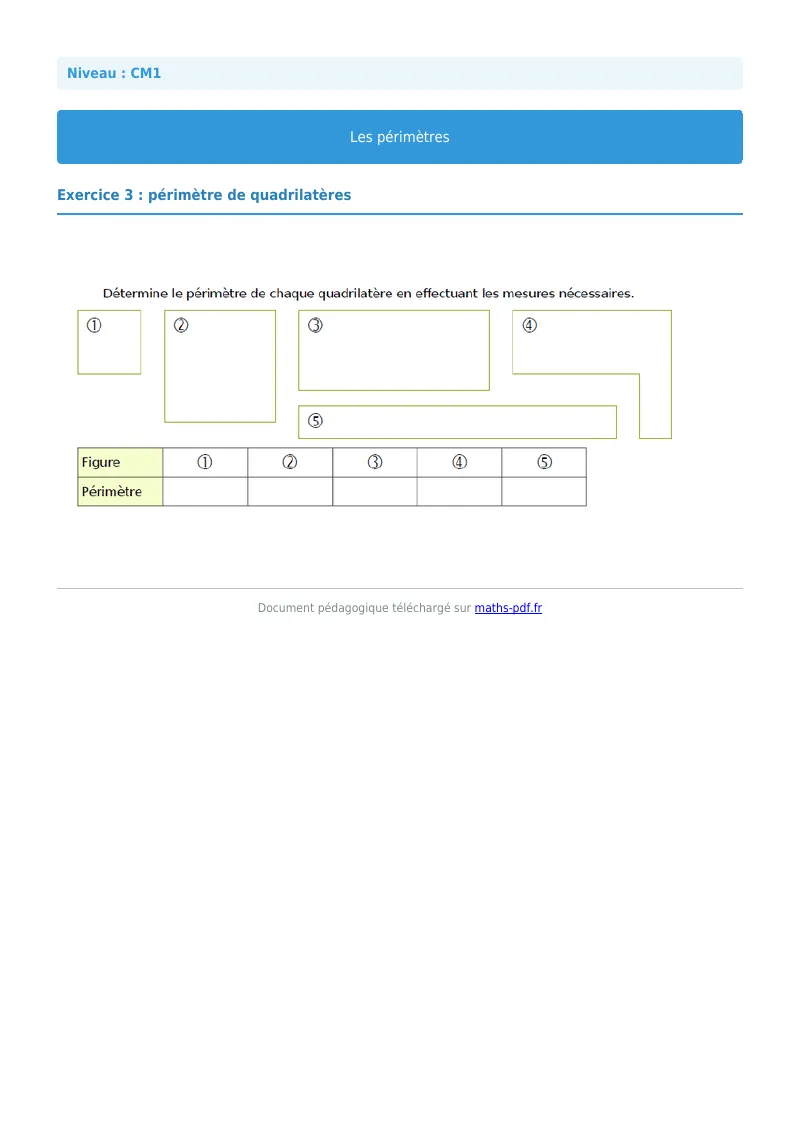 Les périmètres : exercice n°3 de maths en CM1 corrigé en PDF