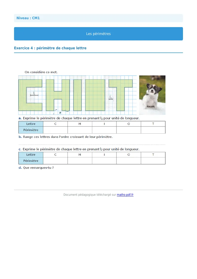 Les périmètres : exercice n°4 de maths en CM1 corrigé en PDF