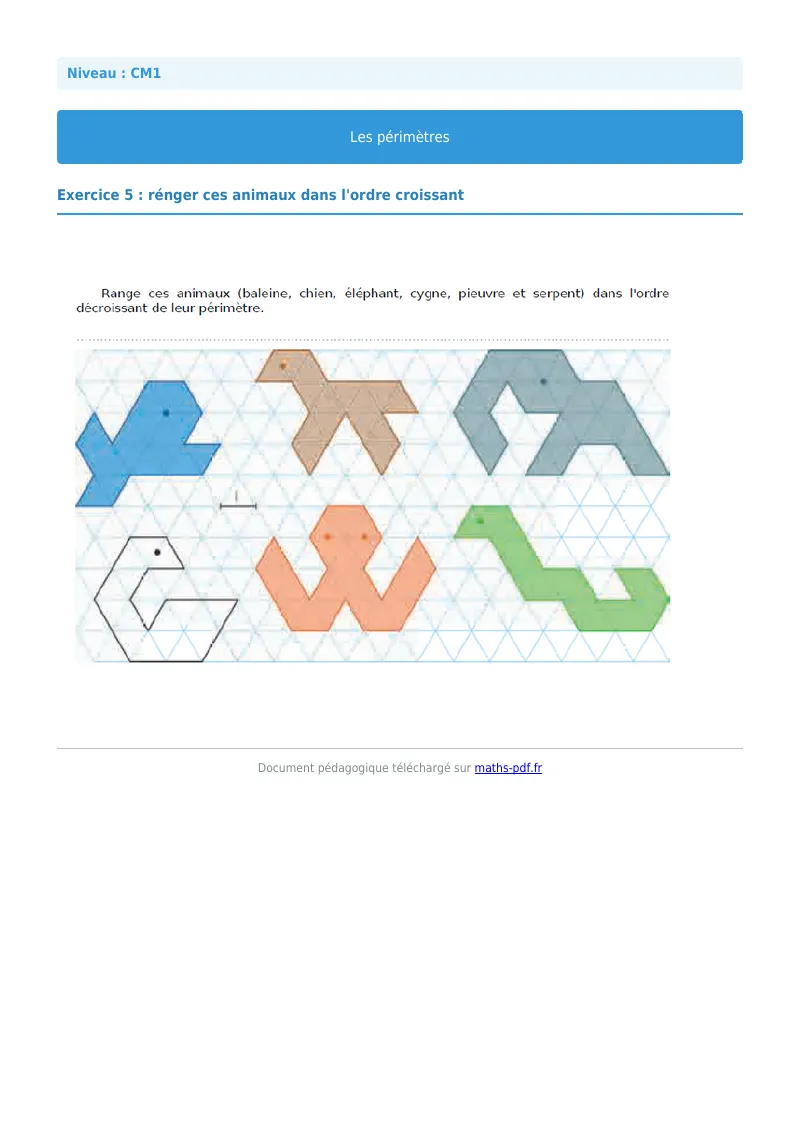 Les périmètres : exercice n°5 de maths en CM1 corrigé en PDF