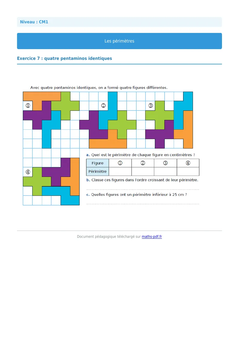Les périmètres : exercice n°7 de maths en CM1 corrigé en PDF