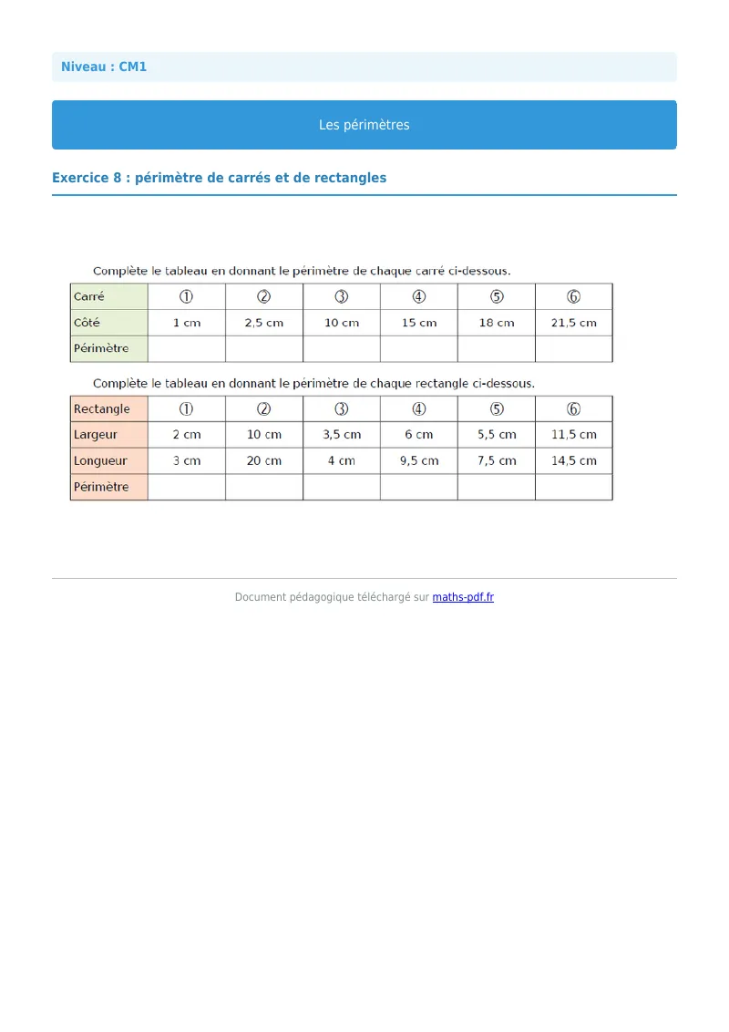 Les périmètres : exercice n°8 de maths en CM1 corrigé en PDF