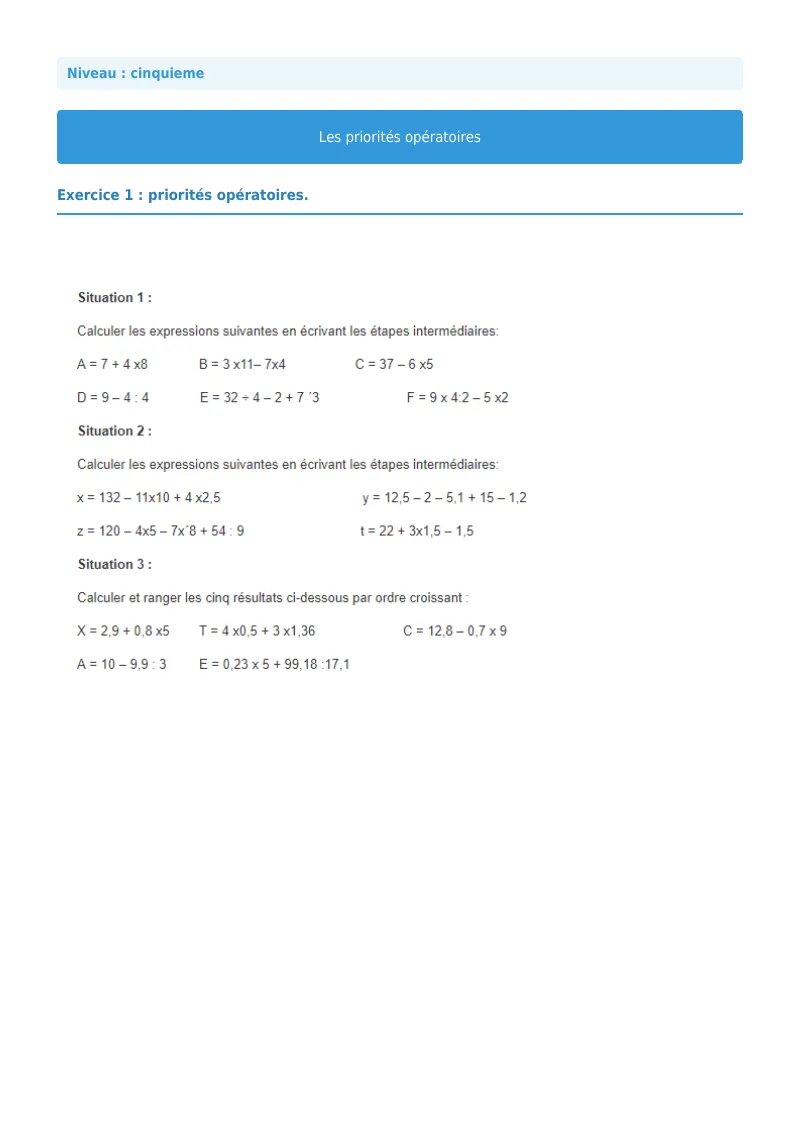 Priorités opératoires : exercice n°1 de maths en 5ème corrigé en PDF