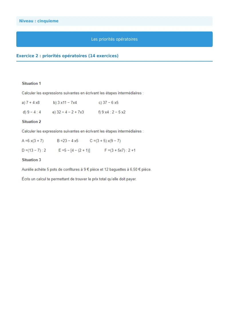 Priorités opératoires : exercice n°2 de maths en 5ème corrigé en PDF