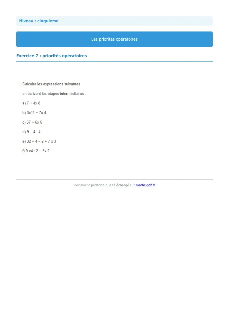 Priorités opératoires : exercice n°7 de maths en 5ème corrigé en PDF