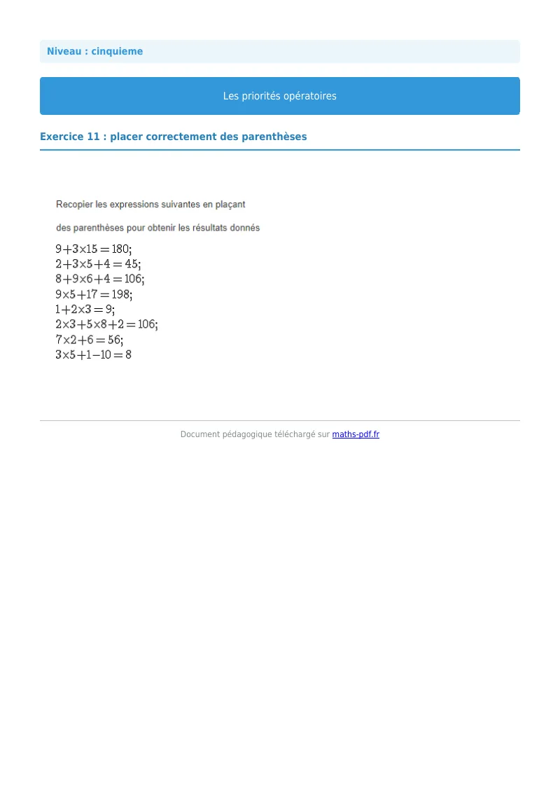 Priorités opératoires : exercice n°11 de maths en 5ème corrigé en PDF