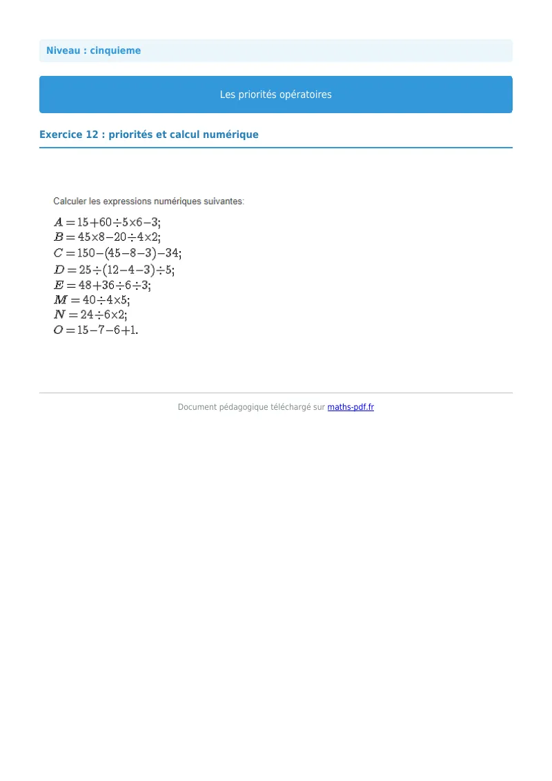 Priorités opératoires : exercice n°12 de maths en 5ème corrigé en PDF