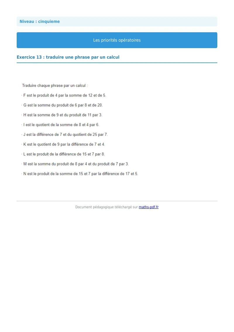Priorités opératoires : exercice n°13 de maths en 5ème corrigé en PDF