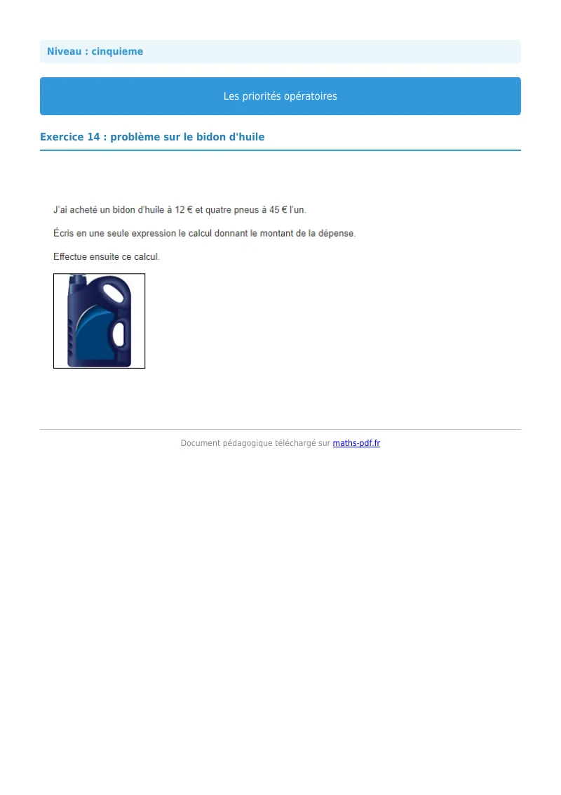 Priorités opératoires : exercice n°14 de maths en 5ème corrigé en PDF