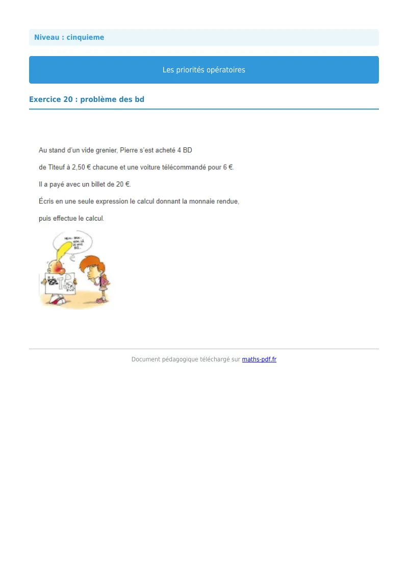 Priorités opératoires : exercice n°15 de maths en 5ème corrigé en PDF