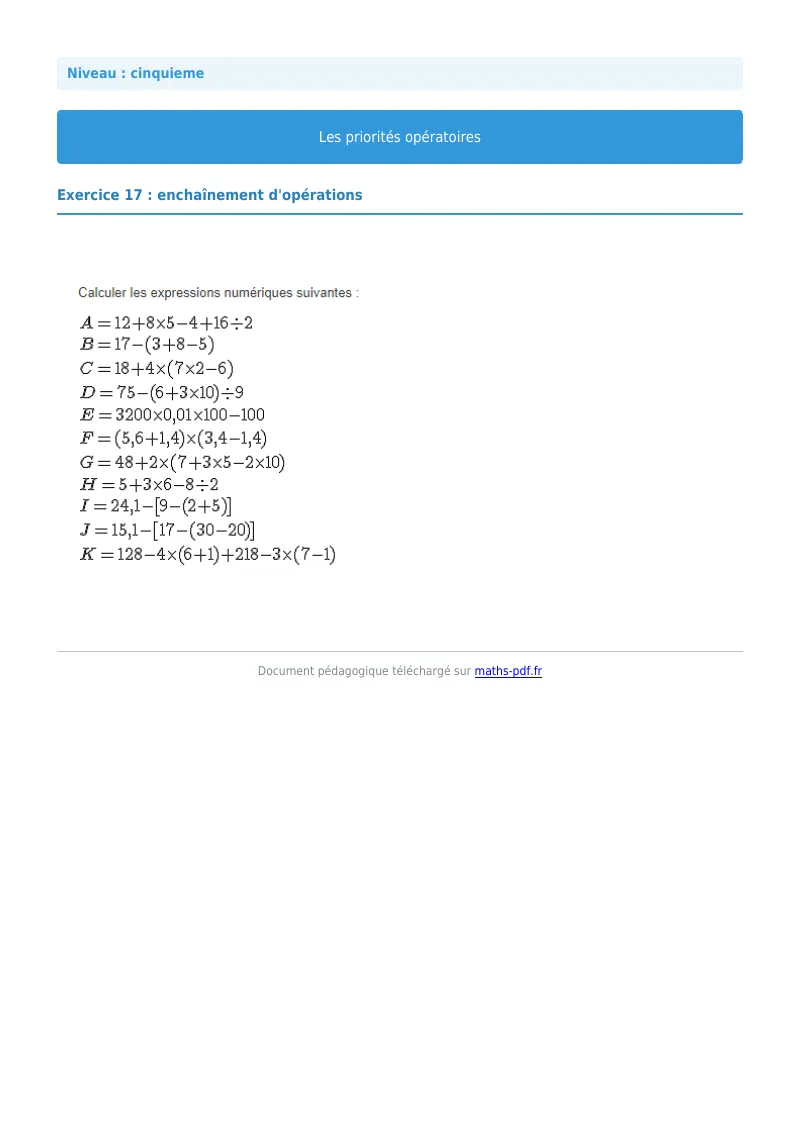 Priorités opératoires : exercice n°17 de maths en 5ème corrigé en PDF