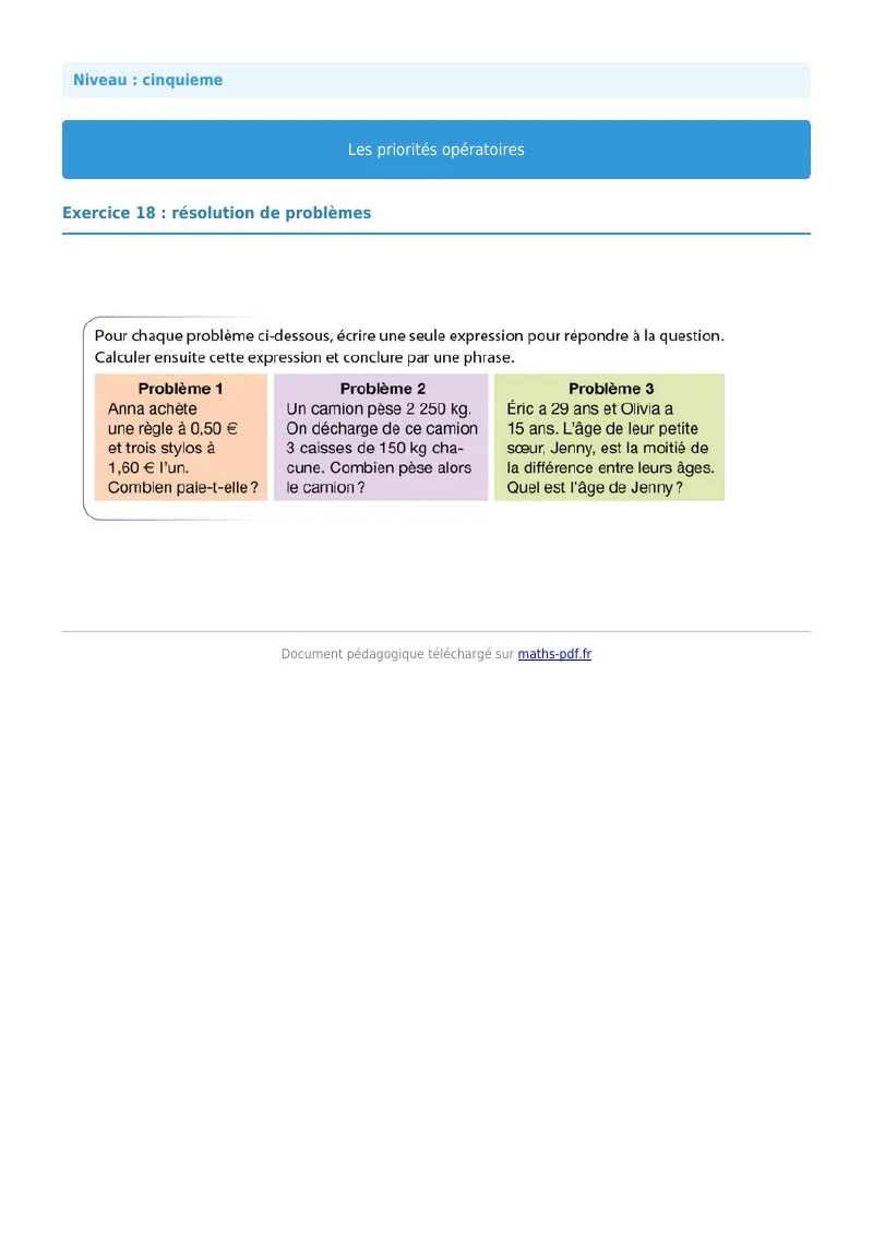 Priorités opératoires : exercice n°18 de maths en 5ème corrigé en PDF