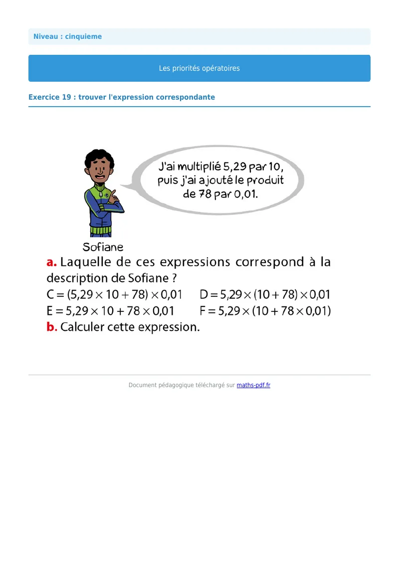 Priorités opératoires : exercice n°19 de maths en 5ème corrigé en PDF