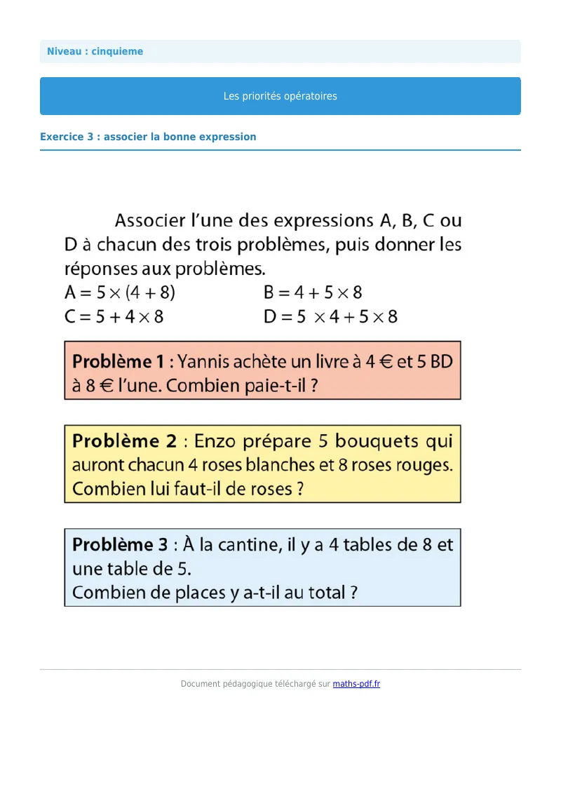 Priorités opératoires : exercice n°20 de maths en 5ème corrigé en PDF