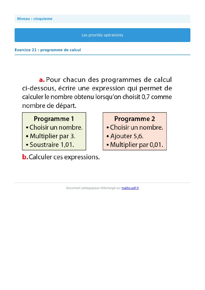 Priorités opératoires : exercice n°21 de maths en 5ème corrigé en PDF