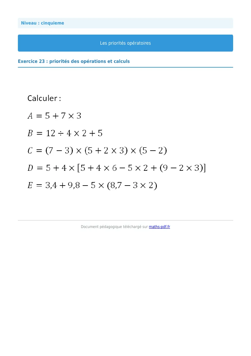 Priorités opératoires : exercice n°23 de maths en 5ème corrigé en PDF