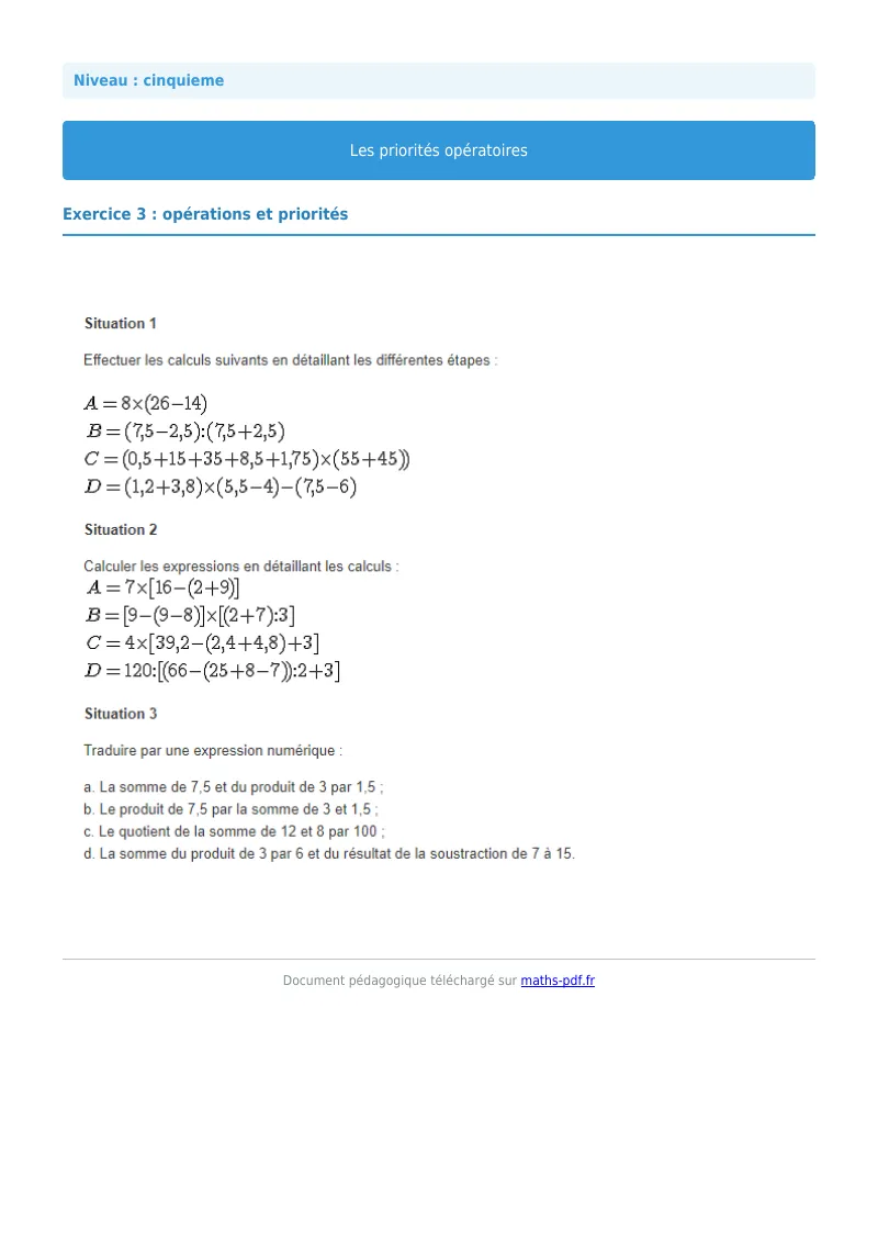 Priorités opératoires : exercice n°3 de maths en 5ème corrigé en PDF