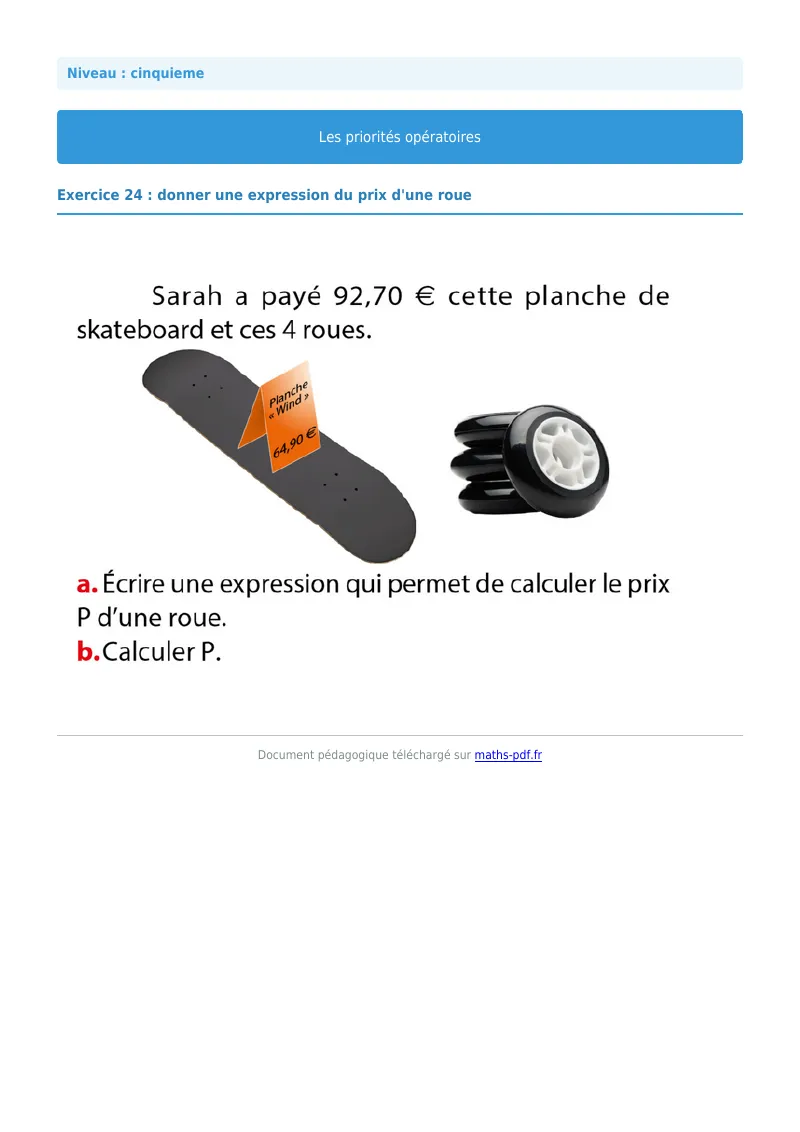 Priorités opératoires : exercice n°24 de maths en 5ème corrigé en PDF