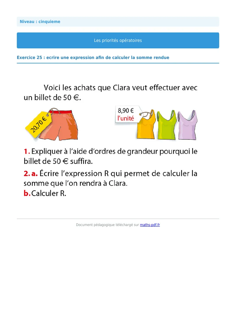 Priorités opératoires : exercice n°25 de maths en 5ème corrigé en PDF