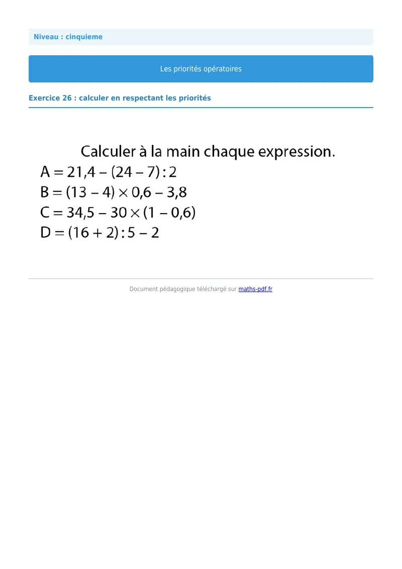 Priorités opératoires : exercice n°26 de maths en 5ème corrigé en PDF