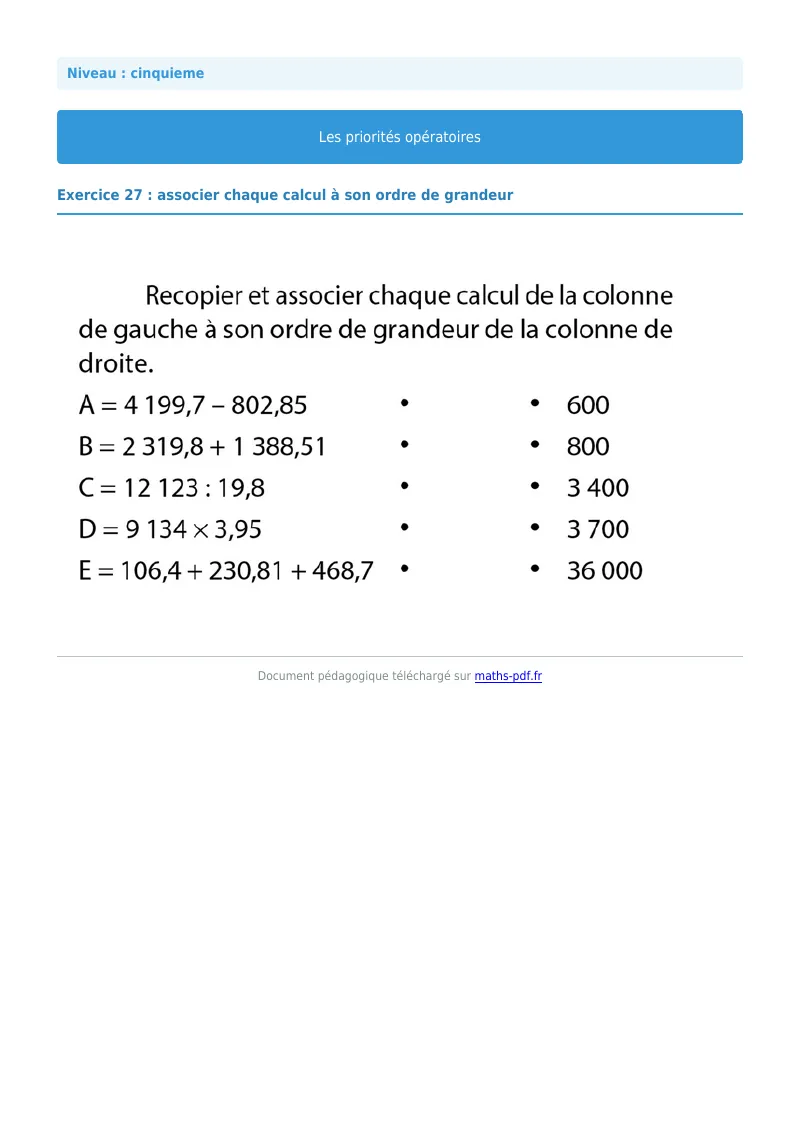 Priorités opératoires : exercice n°27 de maths en 5ème corrigé en PDF