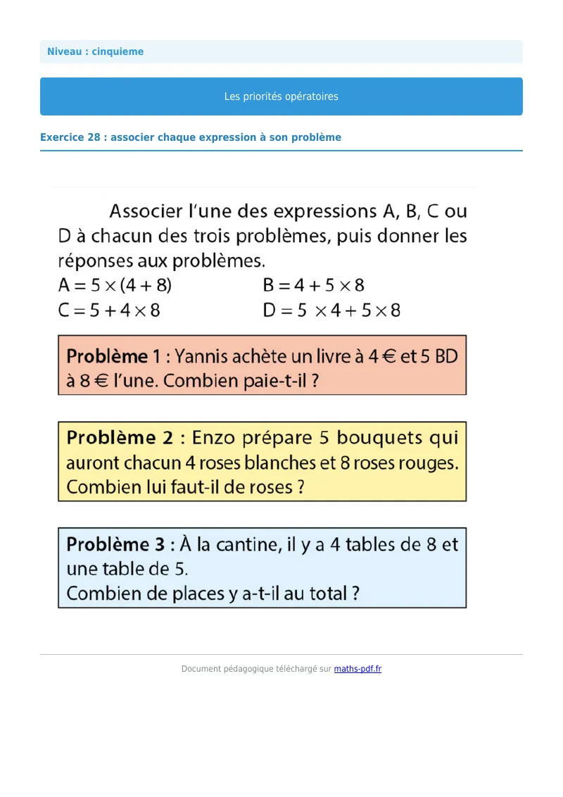 Priorités opératoires : exercice n°28 de maths en 5ème corrigé en PDF