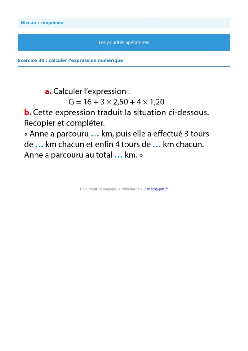 Priorités opératoires : exercice n°30 de maths en 5ème corrigé en PDF