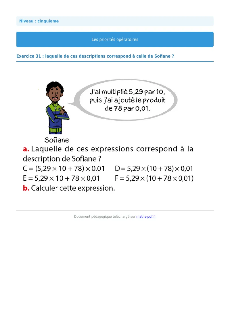 Priorités opératoires : exercice n°31 de maths en 5ème corrigé en PDF