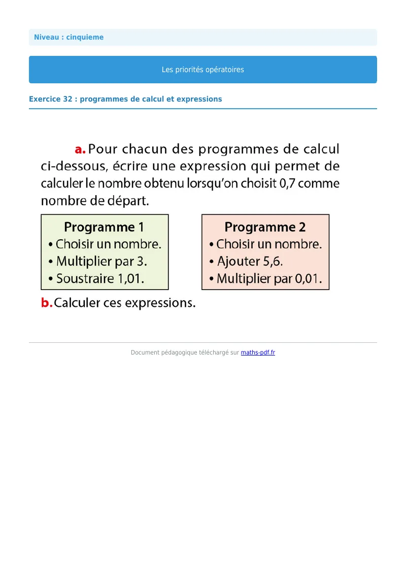 Priorités opératoires : exercice n°32 de maths en 5ème corrigé en PDF