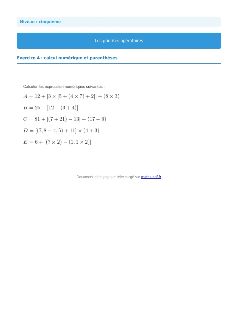 Priorités opératoires : exercice n°4 de maths en 5ème corrigé en PDF