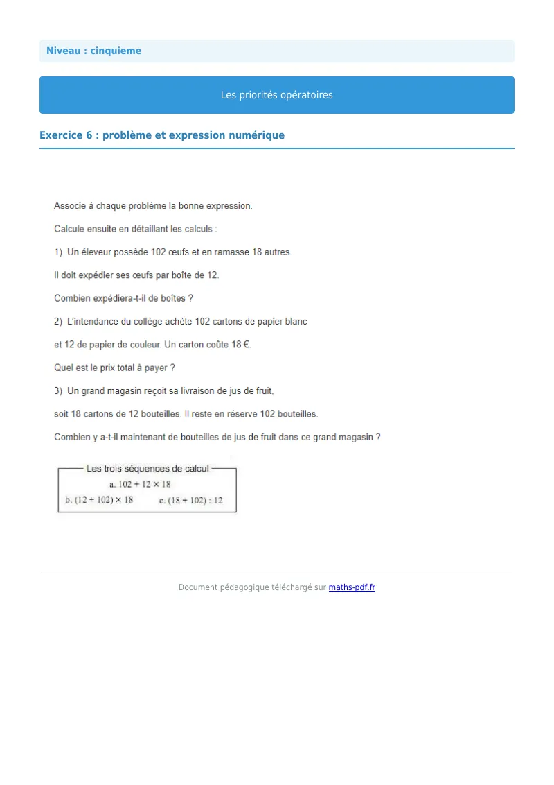 Priorités opératoires : exercice n°6 de maths en 5ème corrigé en PDF