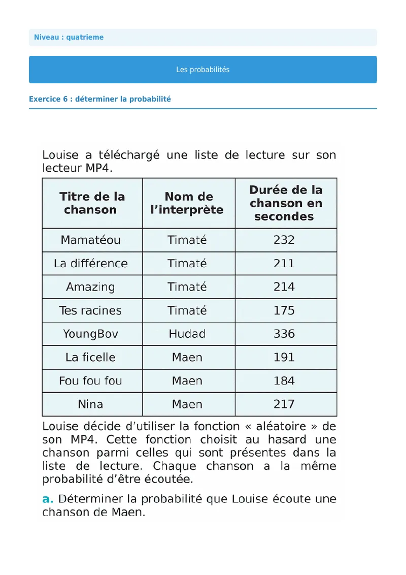 Probabilités : exercice n°6 de maths en 4ème corrigé en PDF