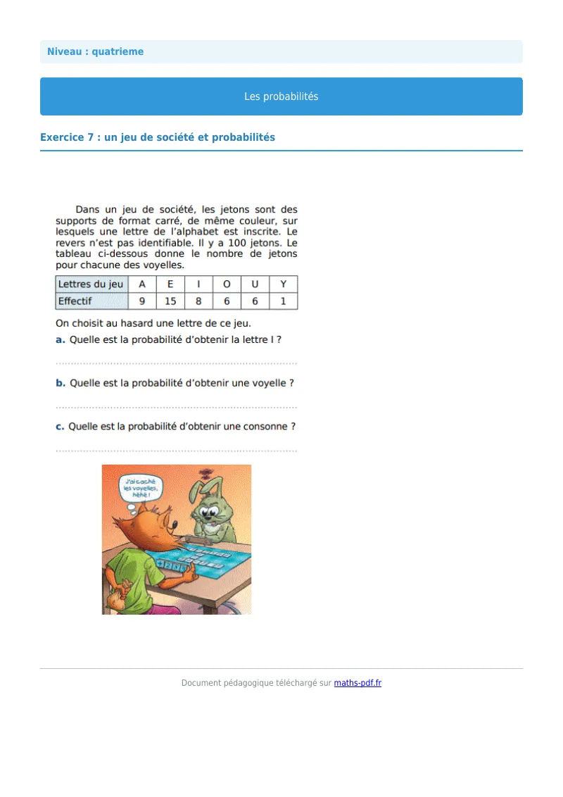 Probabilités : exercice n°7 de maths en 4ème corrigé en PDF