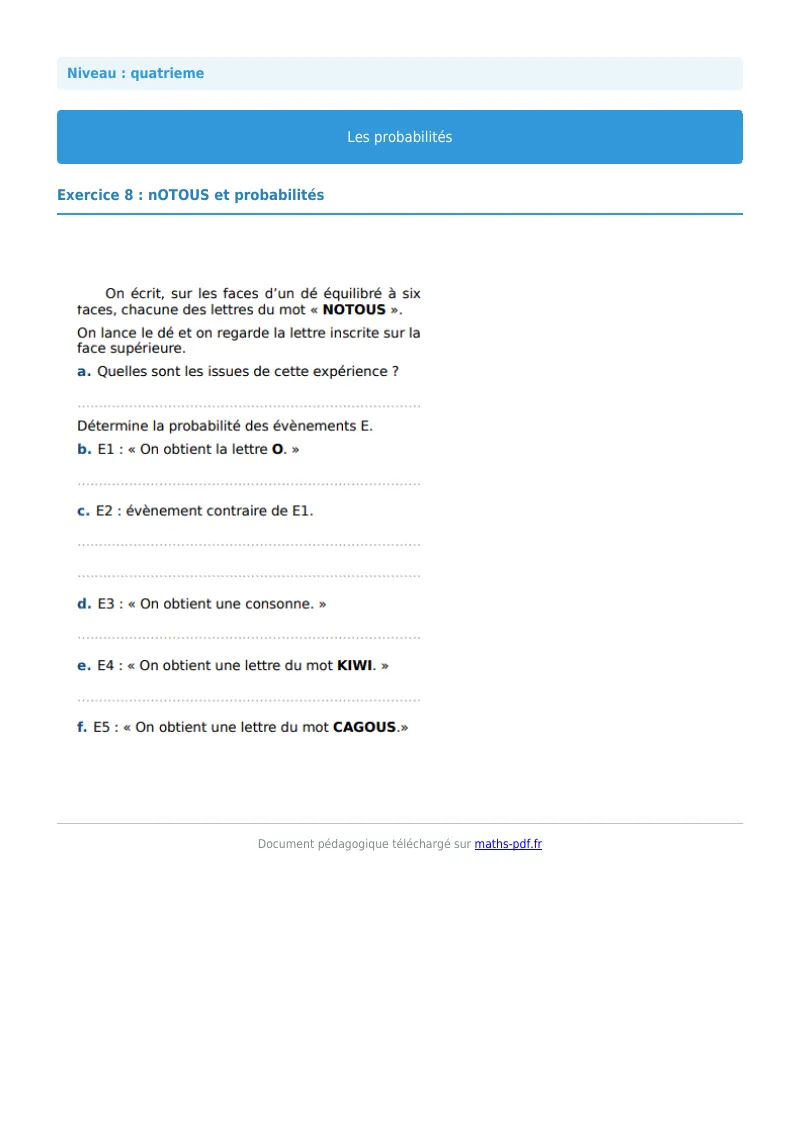 Probabilités : exercice n°8 de maths en 4ème corrigé en PDF