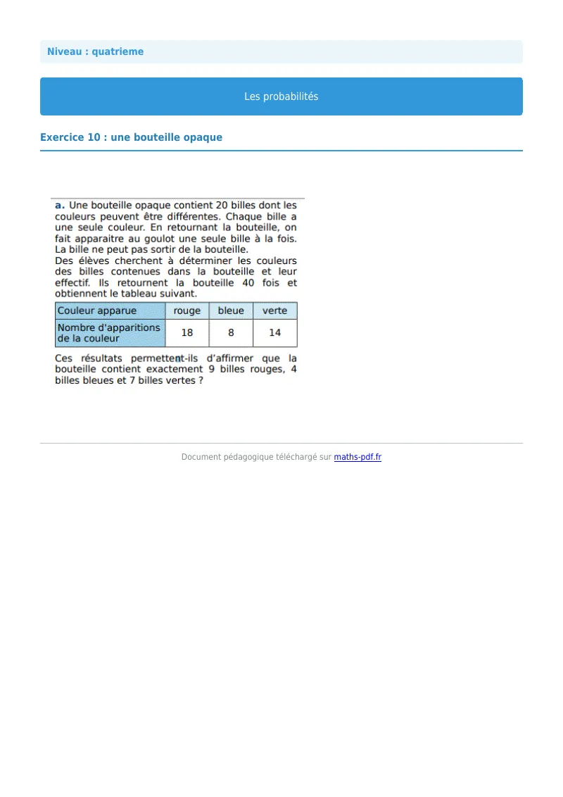 Probabilités : exercice n°10 de maths en 4ème corrigé en PDF