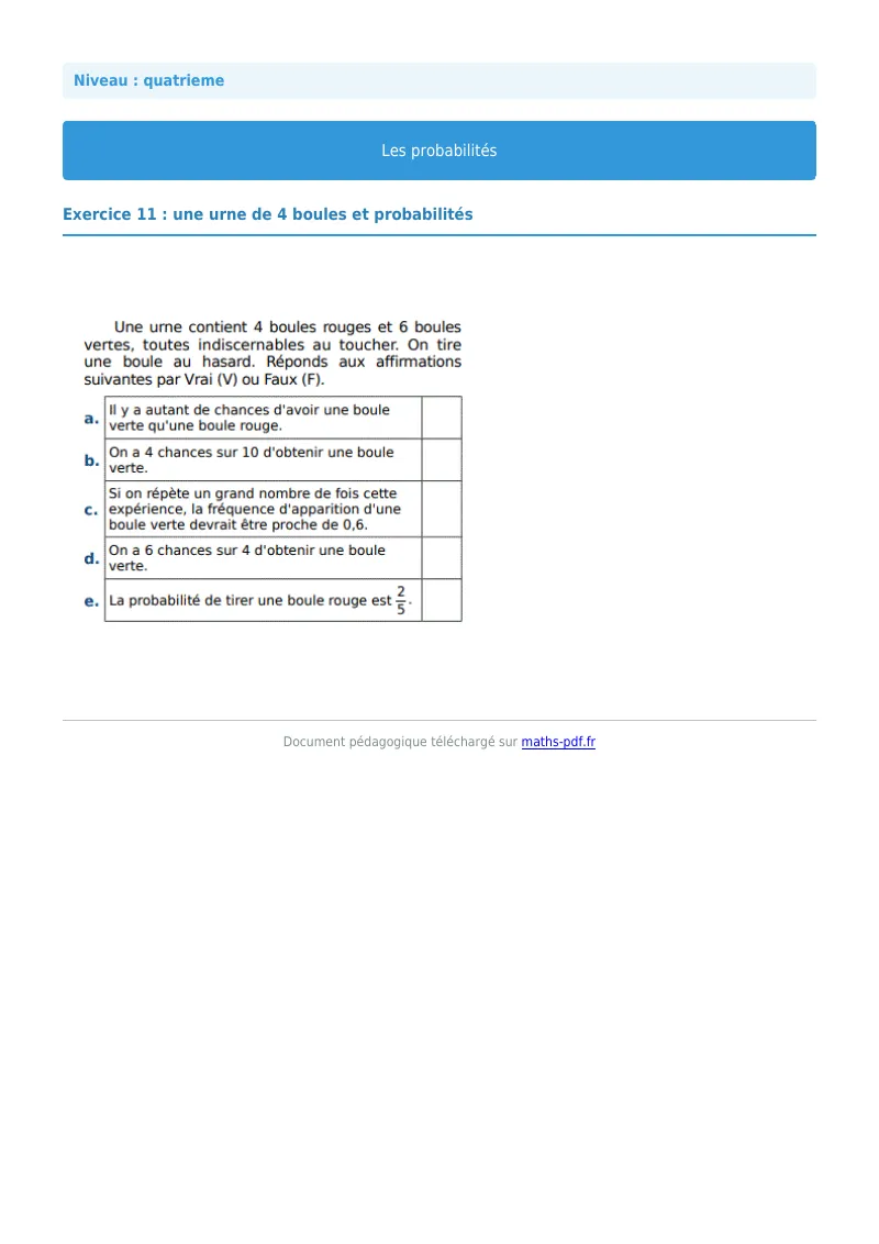 Probabilités : exercice n°11 de maths en 4ème corrigé en PDF
