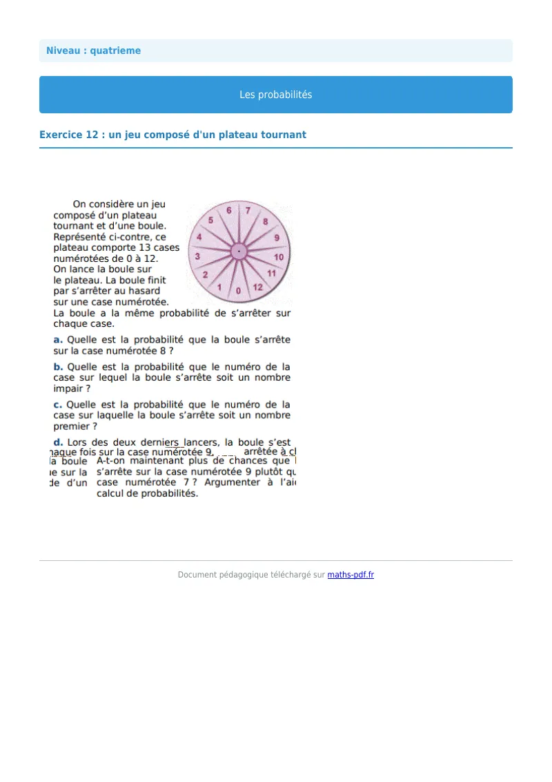 Probabilités : exercice n°12 de maths en 4ème corrigé en PDF