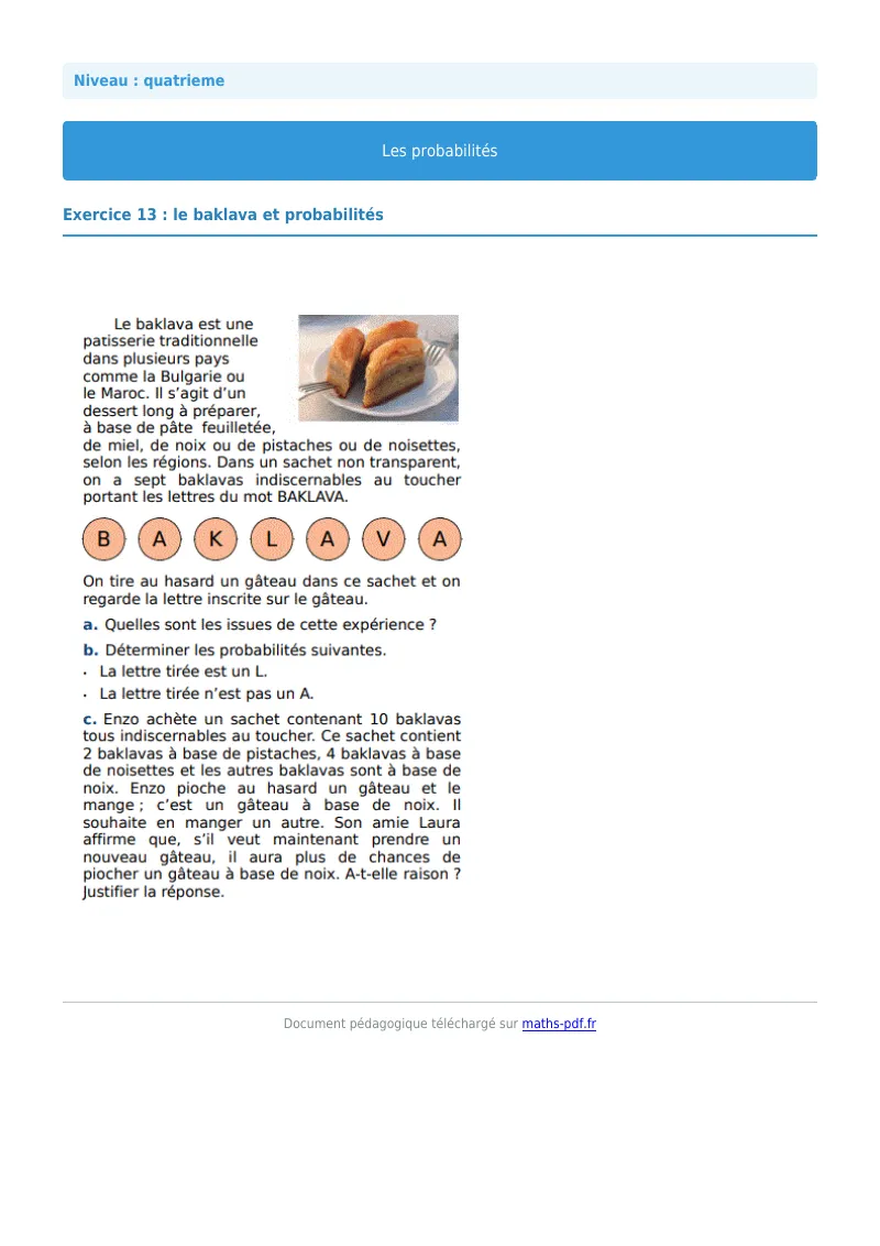 Probabilités : exercice n°13 de maths en 4ème corrigé en PDF