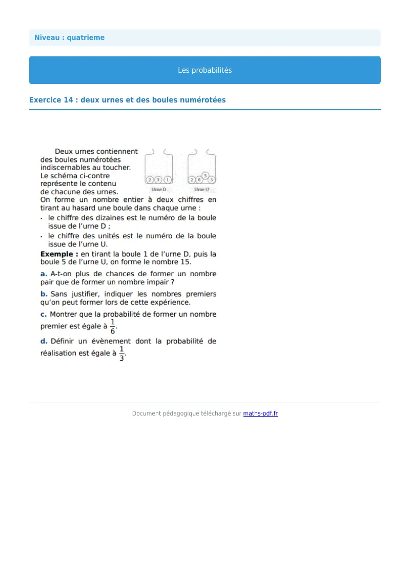 Probabilités : exercice n°14 de maths en 4ème corrigé en PDF