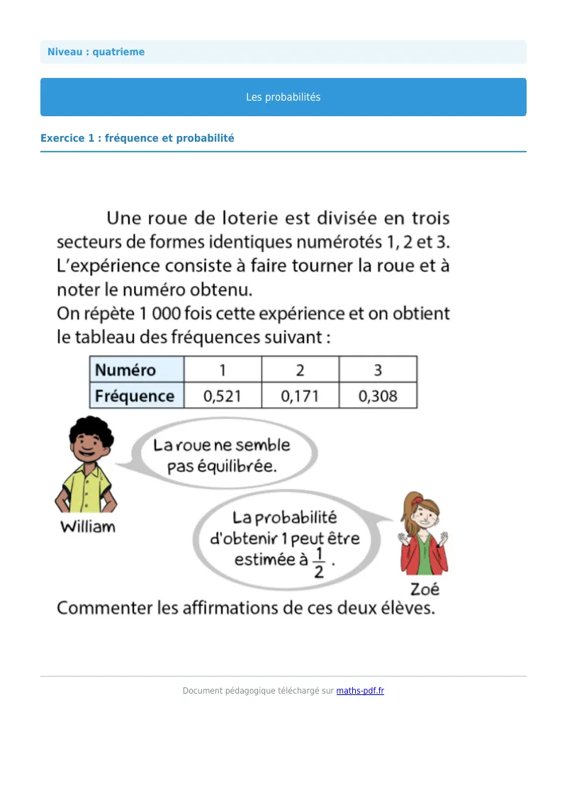 Probabilités : exercice n°1 de maths en 4ème corrigé en PDF