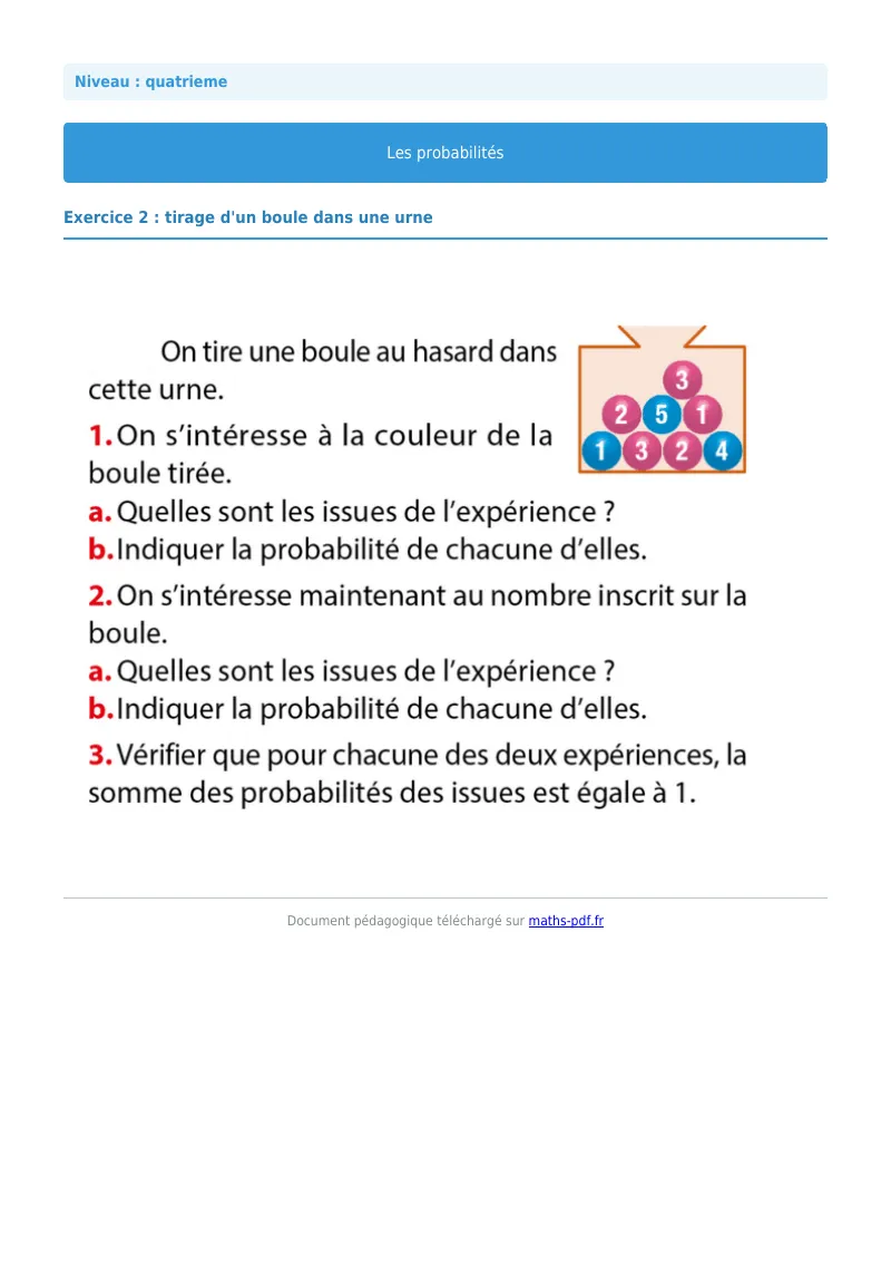Probabilités : exercice n°2 de maths en 4ème corrigé en PDF
