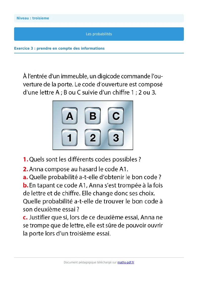 Probabilités : exercice n°3 de maths en 3ème corrigé en PDF