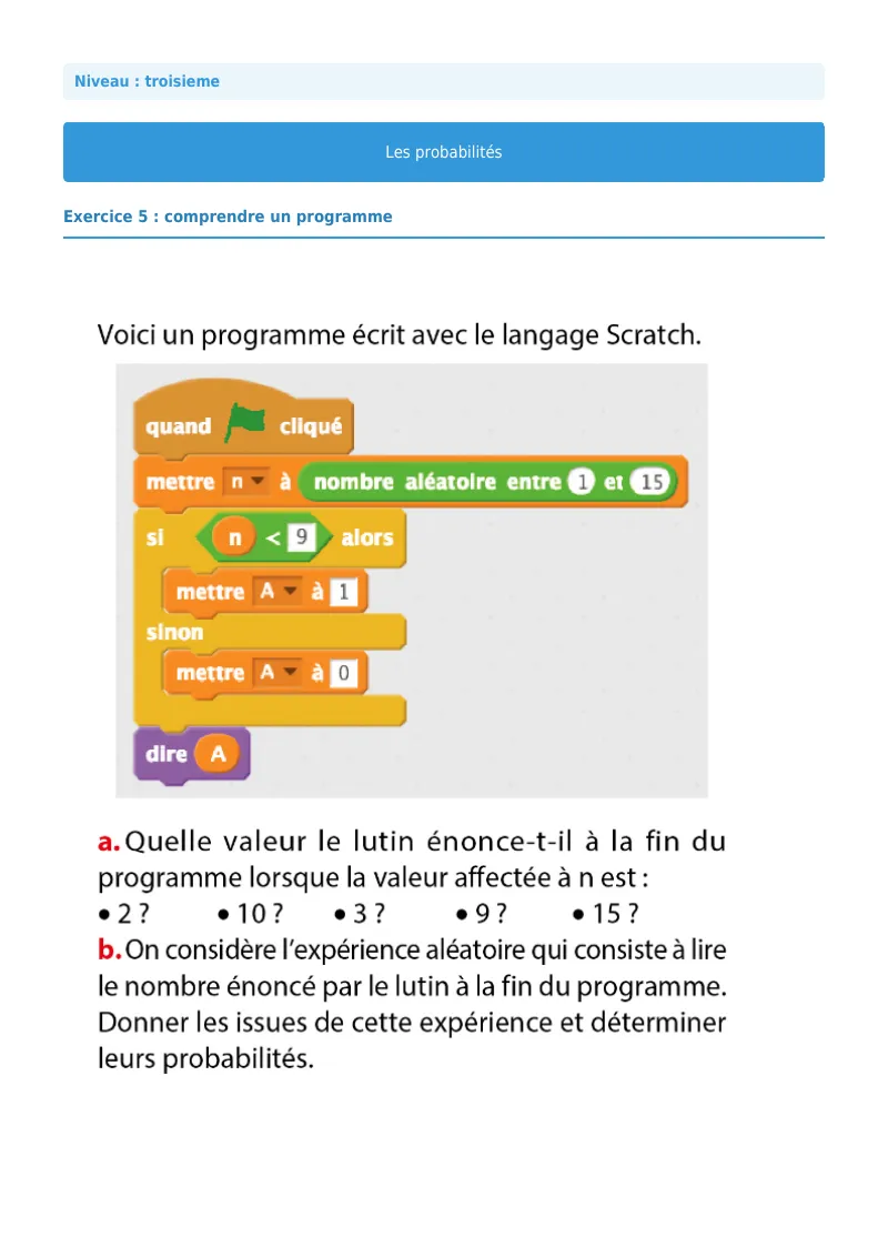 Probabilités : exercice n°5 de maths en 3ème corrigé en PDF