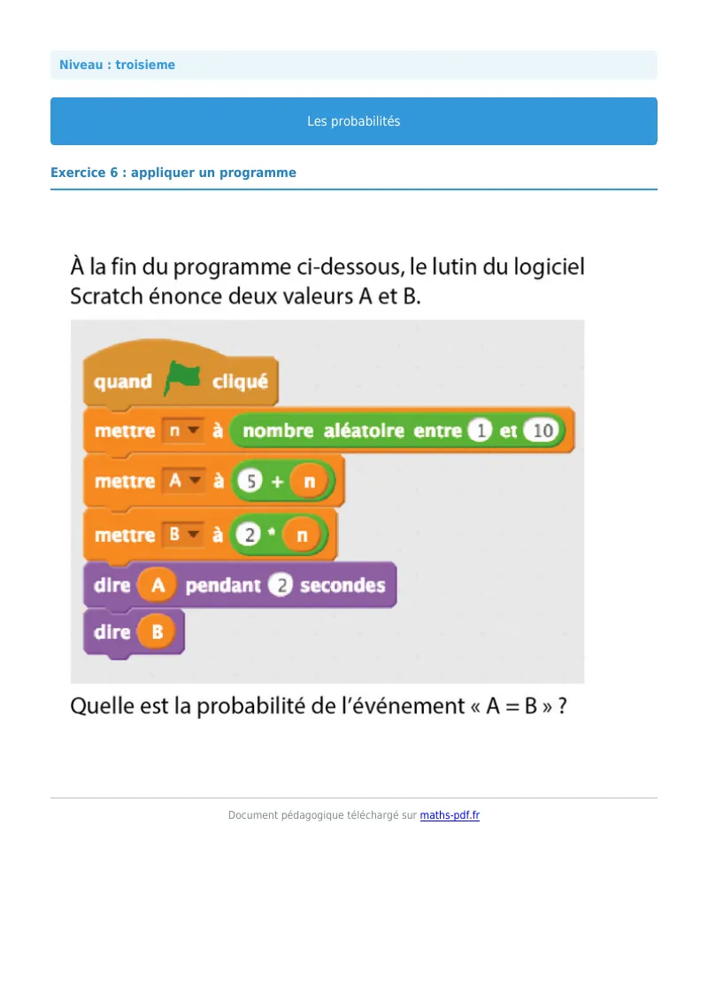 Probabilités : exercice n°6 de maths en 3ème corrigé en PDF