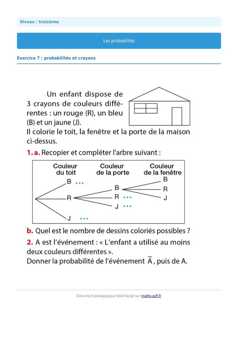 Probabilités : exercice n°7 de maths en 3ème corrigé en PDF