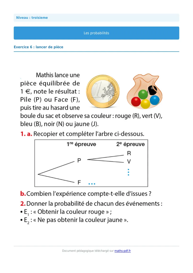 Probabilités : exercice n°8 de maths en 3ème corrigé en PDF