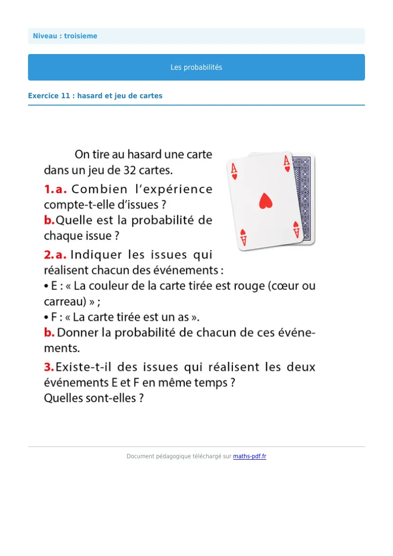 Probabilités : exercice n°11 de maths en 3ème corrigé en PDF