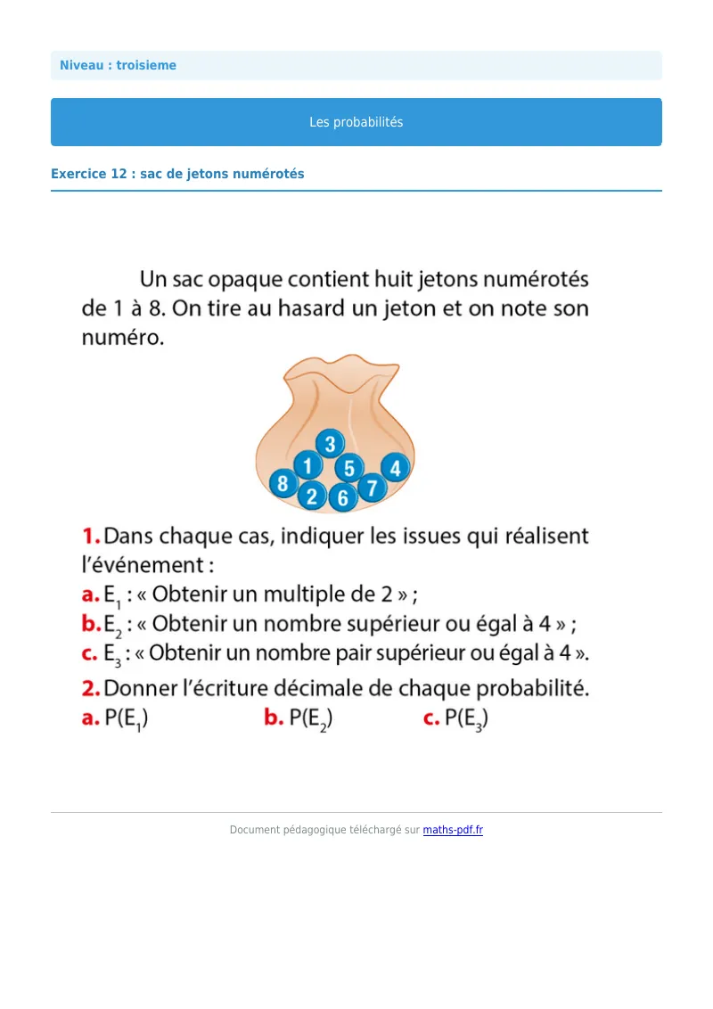 Probabilités : exercice n°12 de maths en 3ème corrigé en PDF
